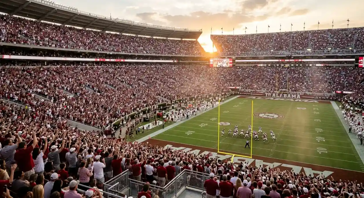 Tiefer Blick aus der Tribüne in ein volles SEC-Heimstadion bei Sonnenuntergang — Heimvorteil im College Football
