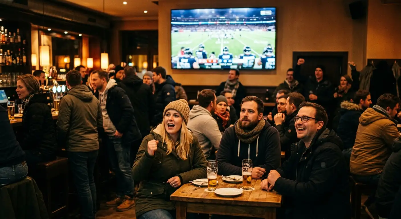 Deutsche American-Football-Fans beim Public Viewing — Großbildschirm zeigt ein NFL-Spiel