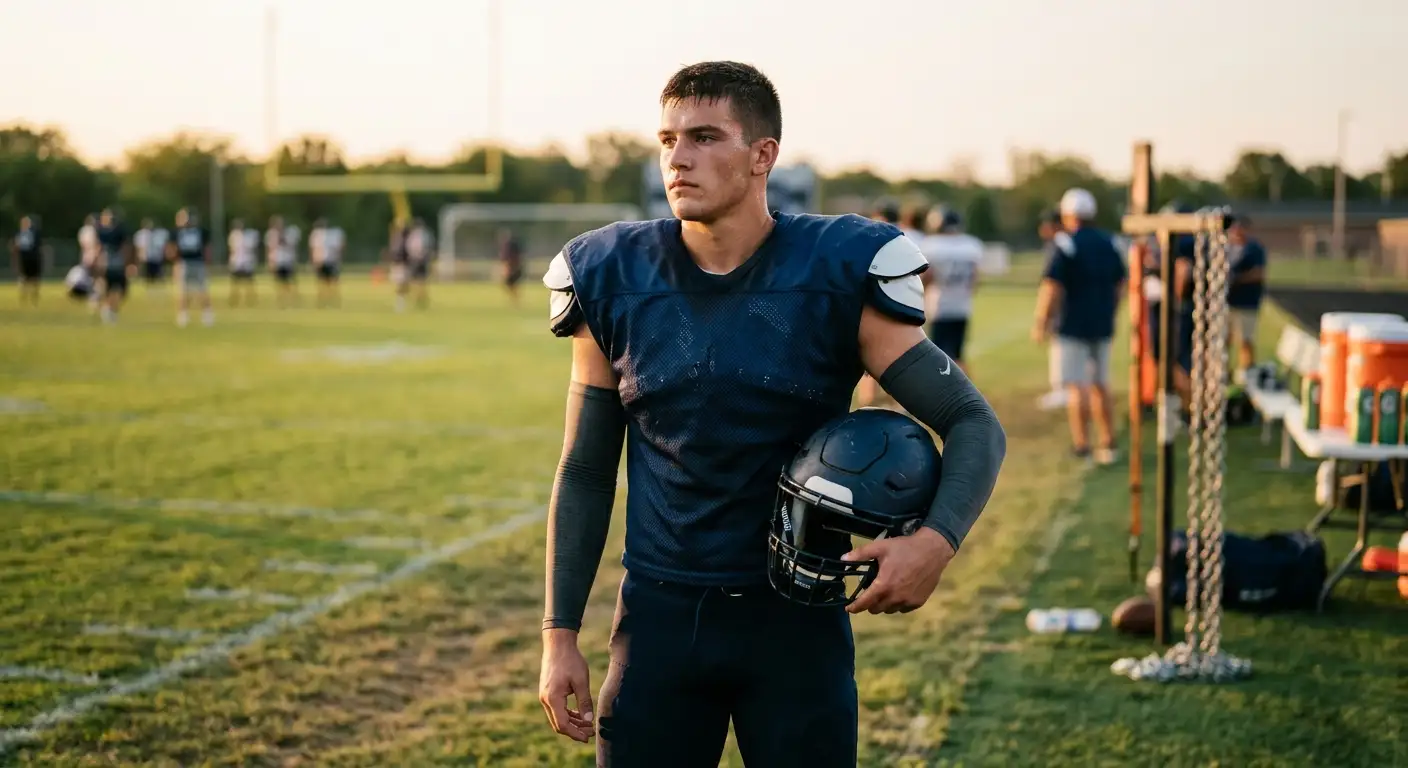 Porträt eines NCAA-College-Football-Spielers in Trainingskleidung am Spielfeldrand