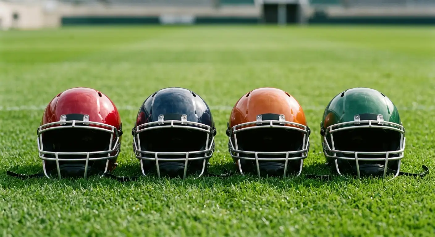 Vier Helme der Power-Four-Konferenzen SEC, Big Ten, Big 12 und ACC nebeneinander auf Rasen