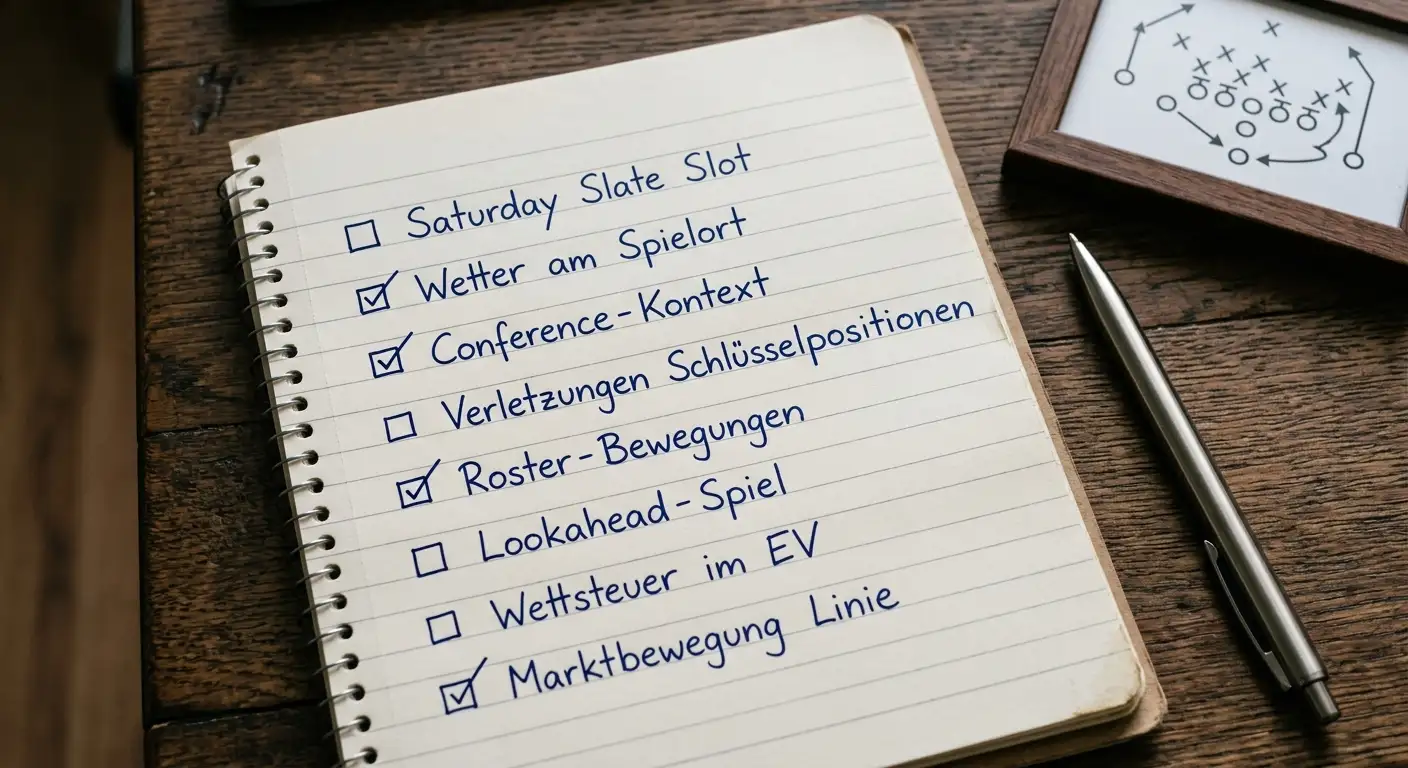 Handschriftliche Pre-Bet-Checkliste mit Wetter-, Roster- und Linien-Kriterien für ein College-Football-Spiel